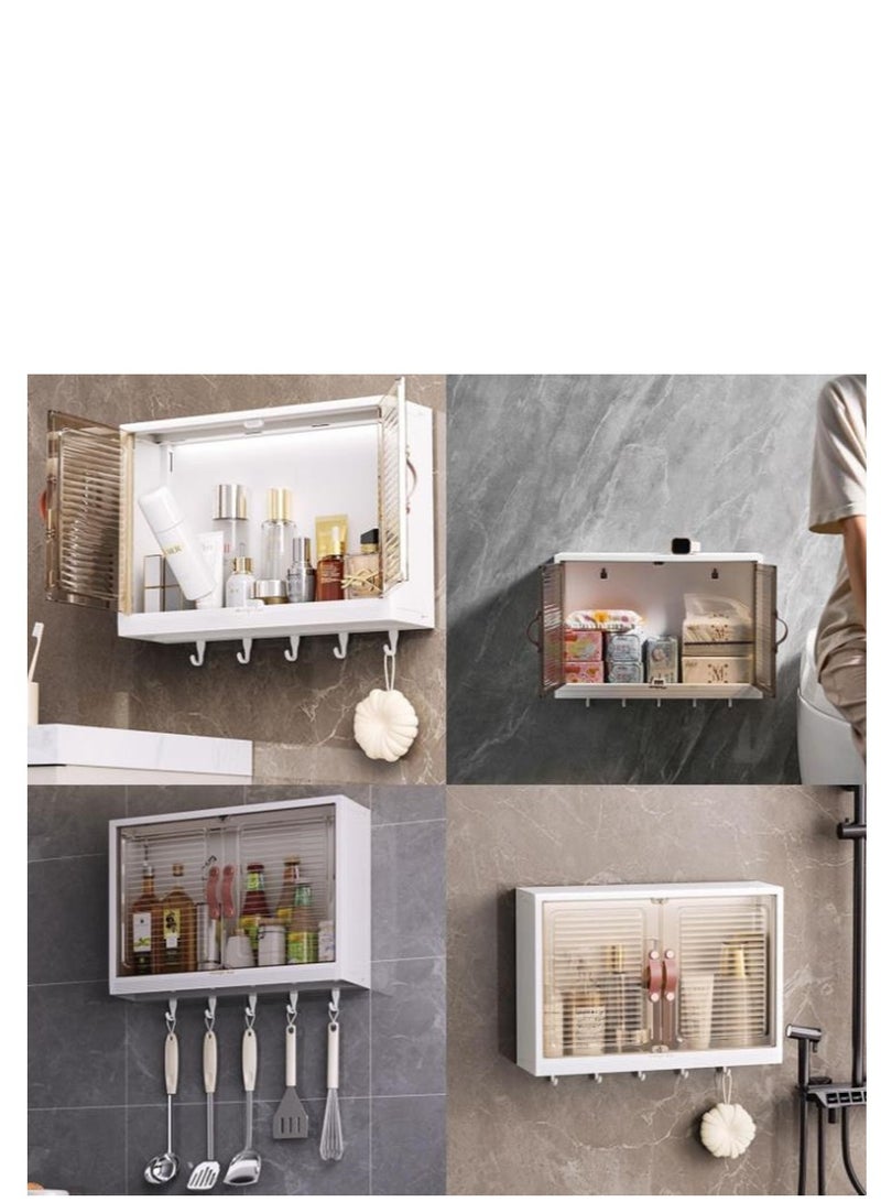 Golden Wall Mounted Bathroom Shelf Kitchen Cabinet Cosmetics Makeup Storage Organizer with Magnetic Door and Hooks for Towel Kicthen Utensil Dustproof Over Toilet Rack - Image 3