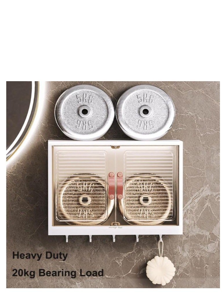 Golden Wall Mounted Bathroom Shelf Kitchen Cabinet Cosmetics Makeup Storage Organizer with Magnetic Door and Hooks for Towel Kicthen Utensil Dustproof Over Toilet Rack - Image 5