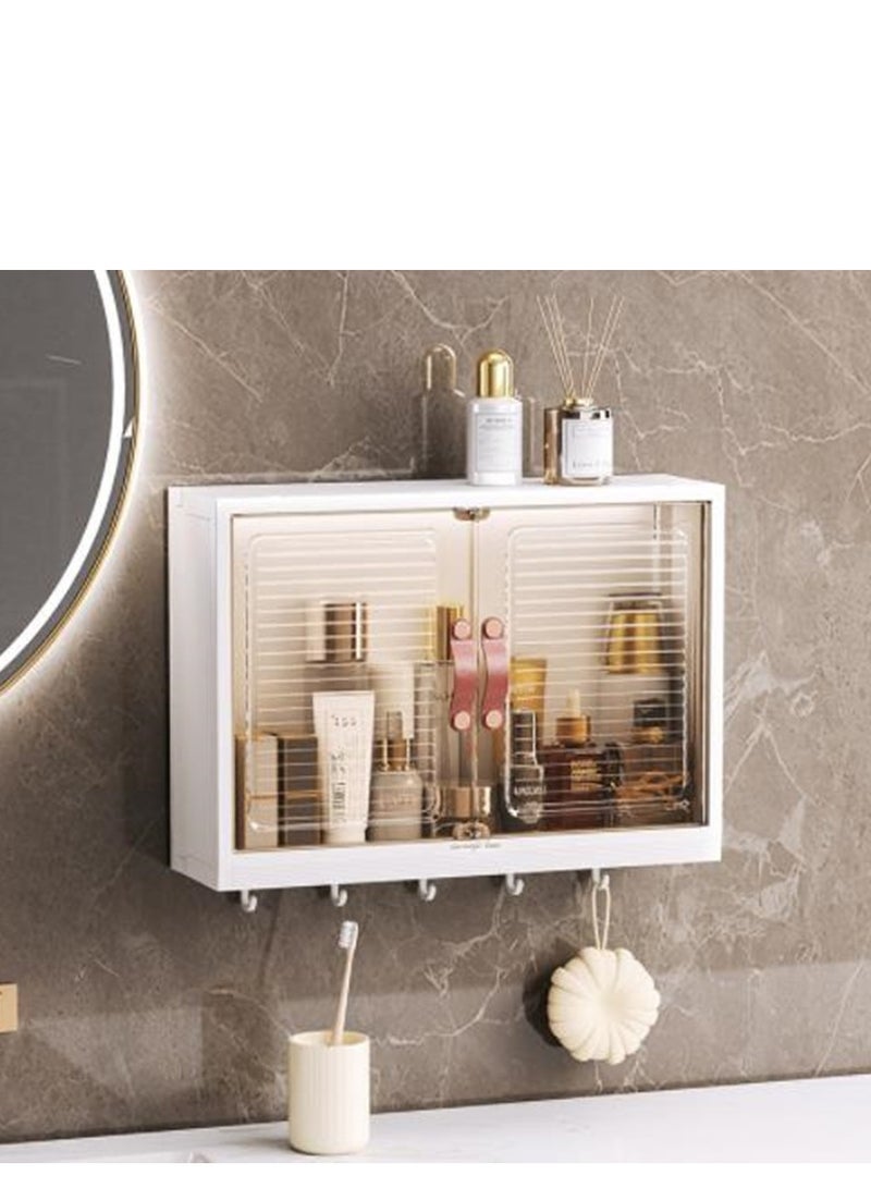 Golden Wall Mounted Bathroom Shelf Kitchen Cabinet Cosmetics Makeup Storage Organizer with Magnetic Door and Hooks for Towel Kicthen Utensil Dustproof Over Toilet Rack - Image 1