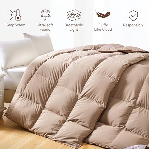 SNOWMAN Premium Down Comforter Luxurious All Season Duvet Insert with Cotton Blended Fabric 3D Baffle Box Design Medium Warm Hotel Style Bedding Comforter Khaki All Season King Size 106x90 Inch - Image 3