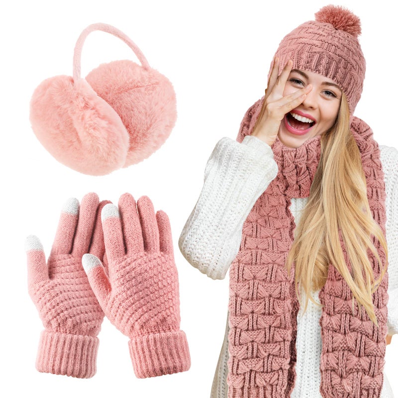 JenPen 4 Pcs Winter Hat Scarf and Gloves Set for Women Include Ear Cover Cold Weather Scarf Hat Knit Beanie Gloves(Pink) - Image 1