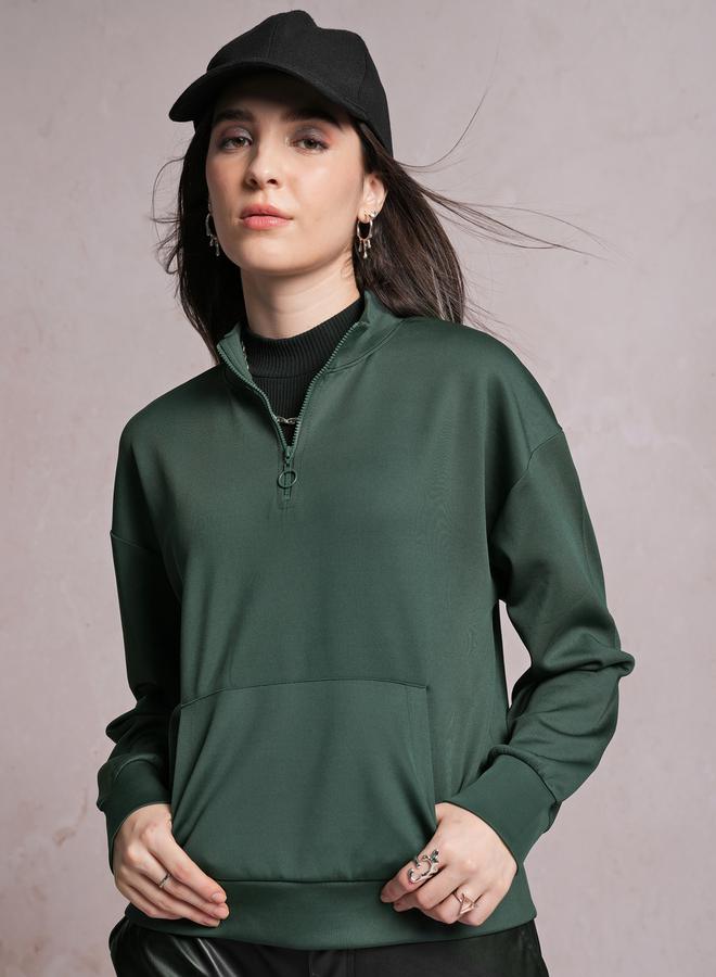 Tokyo Talkies Solid High Neck Sweatshirt with Half Zip Closure by Styli  - Image 1