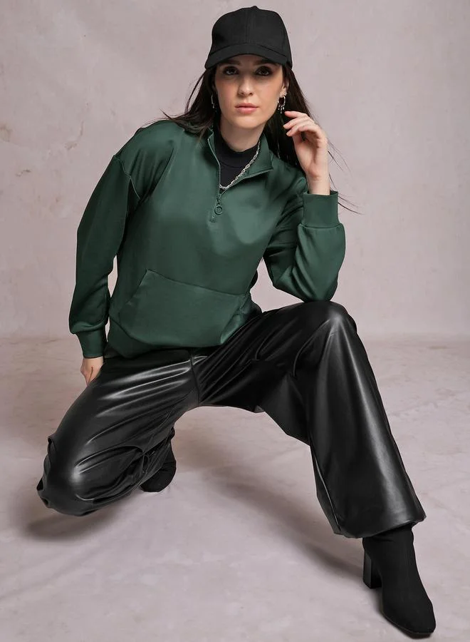 Tokyo Talkies Tokyo Talkies Solid High Neck Sweatshirt with Half Zip Closure