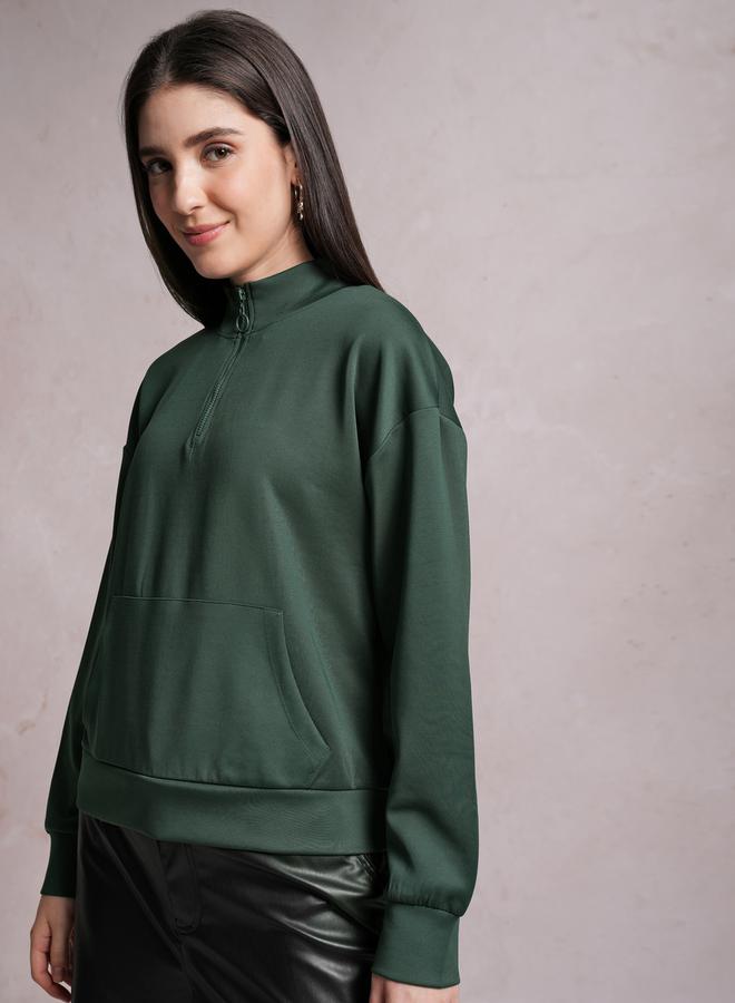 Tokyo Talkies Solid High Neck Sweatshirt with Half Zip Closure by Styli  - Image 4