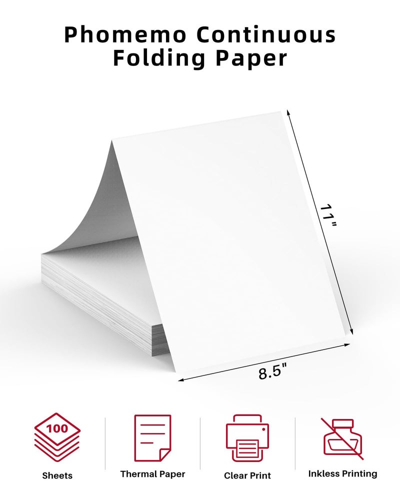 Phomemo US Letter Folding Thermal Paper,Continuous Phomemo M08F Thermal Paper, Compatible with COLORWING M08F-Letter, M08D, Compatible with TATTMUSE Printer, Size 8.5" x 11",100 Sheets - Image 3