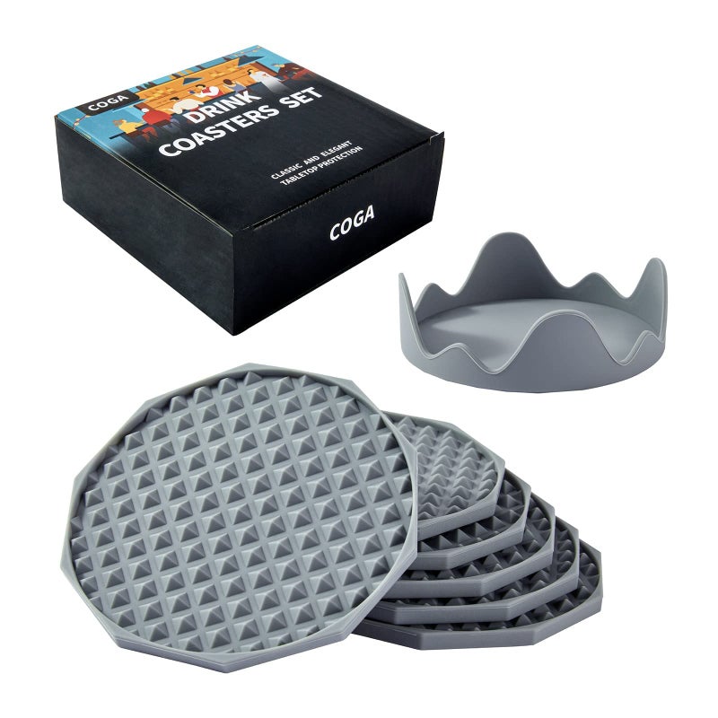 Coga Drink Coasters Set of 6 with Holder  Silicone Coasters Tabletop Protection for Any Table Type  Wood  Stone Tables  Dishwasher Safe  Coasters for Drinks Fits Any Size of Drinking Glasses-Grey - Image 1