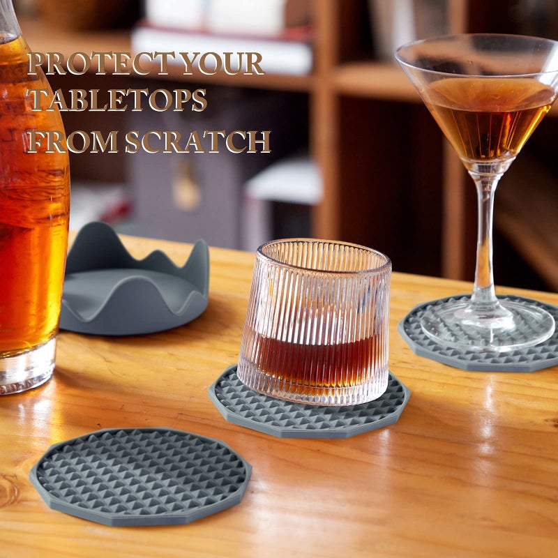 Coga Drink Coasters Set of 6 with Holder  Silicone Coasters Tabletop Protection for Any Table Type  Wood  Stone Tables  Dishwasher Safe  Coasters for Drinks Fits Any Size of Drinking Glasses-Grey - Image 5