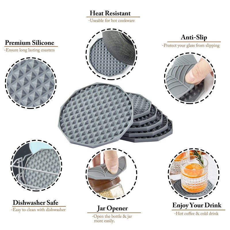 Coga Drink Coasters Set of 6 with Holder  Silicone Coasters Tabletop Protection for Any Table Type  Wood  Stone Tables  Dishwasher Safe  Coasters for Drinks Fits Any Size of Drinking Glasses-Grey - Image 3