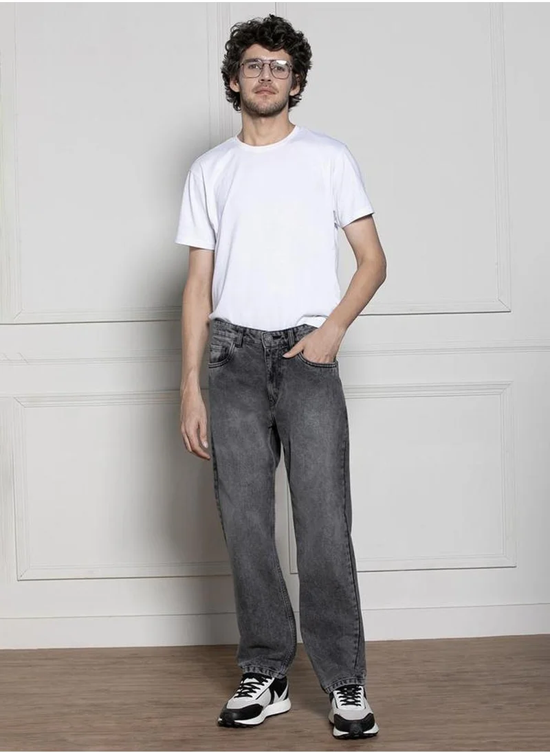 دينيس لينغو Men's Light Grey Cotton Blend Solid Full Length Relaxed Fit Jeans