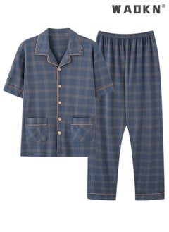 WAOKN 2-Piece Pajama Set Men's Cotton Short-Sleeved T-Shirt Long Pants Sets Grid Pattern Sleepwear Nightgown Male Loose Spring Summer Thin Loungewear Home Clothes Winter Cotton Pajamas Blue  - Image 1