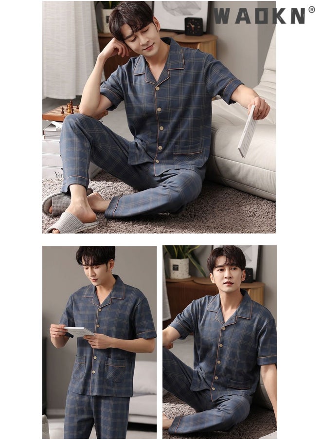 2-Piece Pajama Set Men's Cotton Short-Sleeved T-Shirt Long Pants Sets Grid Pattern Sleepwear Nightgown Male Loose Spring Summer Thin Loungewear Home Clothes Winter Cotton Pajamas Blue - pzsku/Z930A84A4211E9F17C274Z/45/_/1713582198/b59ed9f3-c619-4bac-89de-8d75d3e140ba