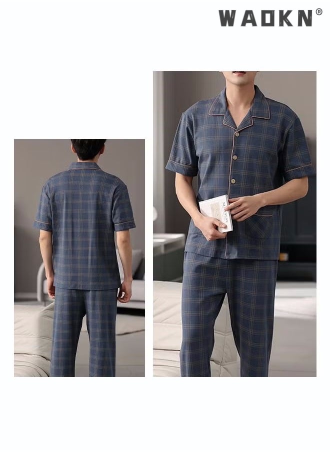 2-Piece Pajama Set Men's Cotton Short-Sleeved T-Shirt Long Pants Sets Grid Pattern Sleepwear Nightgown Male Loose Spring Summer Thin Loungewear Home Clothes Winter Cotton Pajamas Blue - pzsku/Z930A84A4211E9F17C274Z/45/_/1713582199/88b14d3f-faf0-48f1-a1fe-1e36da836e8b