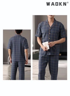 WAOKN 2-Piece Pajama Set Men's Cotton Short-Sleeved T-Shirt Long Pants Sets Grid Pattern Sleepwear Nightgown Male Loose Spring Summer Thin Loungewear Home Clothes Winter Cotton Pajamas Blue  - Image 5