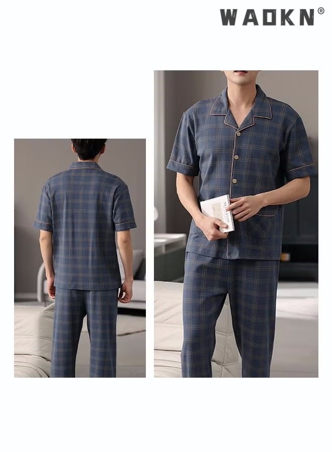 WAOKN 2-Piece Pajama Set Men's Cotton Short-Sleeved T-Shirt Long Pants Sets Grid Pattern Sleepwear Nightgown Male Loose Spring Summer Thin Loungewear Home Clothes Winter Cotton Pajamas Blue  - Image 5