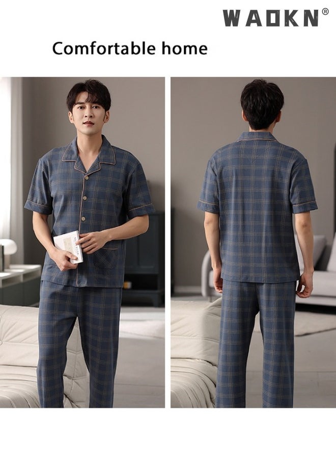 2-Piece Pajama Set Men's Cotton Short-Sleeved T-Shirt Long Pants Sets Grid Pattern Sleepwear Nightgown Male Loose Spring Summer Thin Loungewear Home Clothes Winter Cotton Pajamas Blue - pzsku/Z930A84A4211E9F17C274Z/45/_/1713582201/a157d70b-c366-46a6-a2d2-163acf927ceb