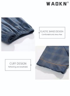 WAOKN 2-Piece Pajama Set Men's Cotton Short-Sleeved T-Shirt Long Pants Sets Grid Pattern Sleepwear Nightgown Male Loose Spring Summer Thin Loungewear Home Clothes Winter Cotton Pajamas Blue  - Image 2