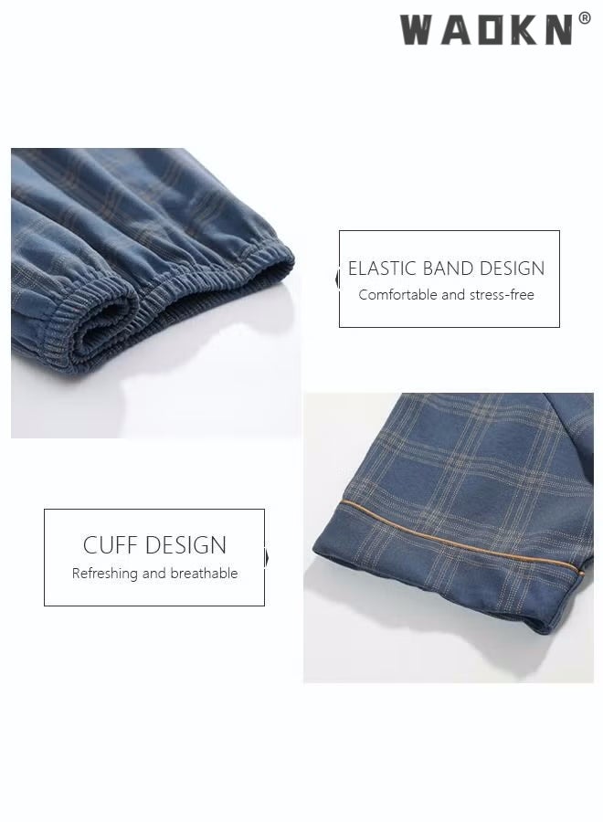 WAOKN 2-Piece Pajama Set Men's Cotton Short-Sleeved T-Shirt Long Pants Sets Grid Pattern Sleepwear Nightgown Male Loose Spring Summer Thin Loungewear Home Clothes Winter Cotton Pajamas Blue  - Image 2