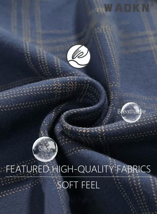 WAOKN 2-Piece Pajama Set Men's Cotton Short-Sleeved T-Shirt Long Pants Sets Grid Pattern Sleepwear Nightgown Male Loose Spring Summer Thin Loungewear Home Clothes Winter Cotton Pajamas Blue  - Image 3