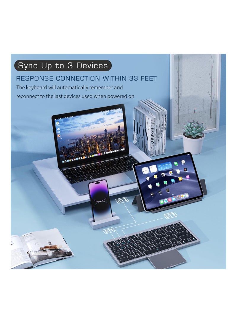 Full Size Wireless Bluetooth Keyboard with Hidden Touchpad , (Sync Up to 3 Devices) Portable Keyboard with Bluetooth Connection PU Tablet Stand Bluetooth Keyboard for Windows iOS Android Mac, Black