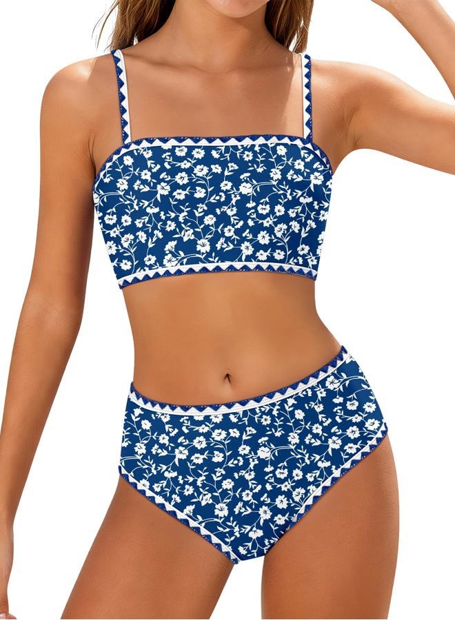 ADIFUN Girls Swimsuit Adjustable Shoulder Straps with Chest Pad Bikini with Cover Up Skirt 3 Piece Bathing Suit for Teen Girl, Dark Blue-flower, 11-12 Years - Image 1