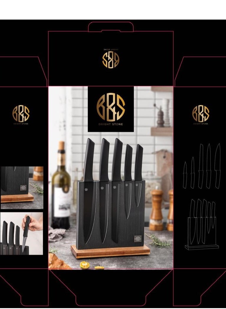 Bright Stone knife set 5pcs WITH STAND Modern Kitchen Knife Block Set with 5 Knives, Wooden Stand  - Image 2