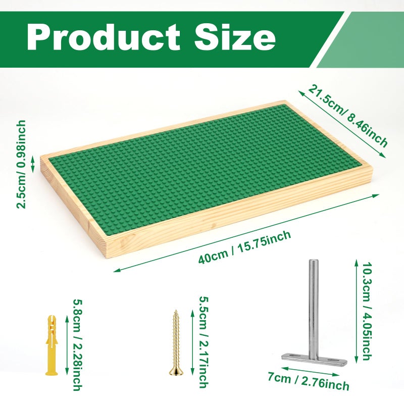 Vivise 2 Pack Display Shelves for Building Bricks (16X8 Inch) Wooden Wall Mount Shelf Display for Wall 48X24 Stud Base Plate Compatible with All Toy Block Brands Green - Image 3