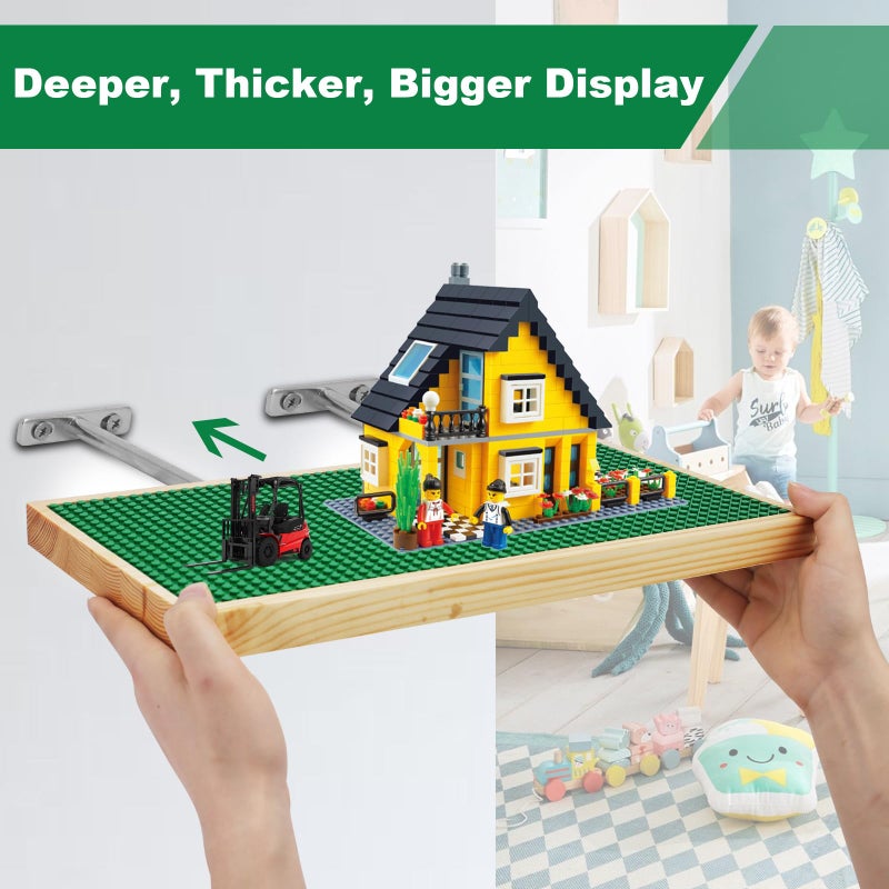 Vivise 2 Pack Display Shelves for Building Bricks (16X8 Inch) Wooden Wall Mount Shelf Display for Wall 48X24 Stud Base Plate Compatible with All Toy Block Brands Green - Image 2