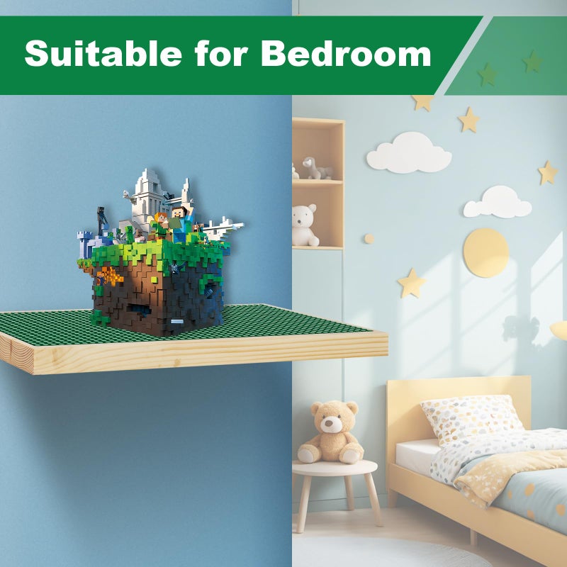 Vivise 2 Pack Display Shelves for Building Bricks (16X8 Inch) Wooden Wall Mount Shelf Display for Wall 48X24 Stud Base Plate Compatible with All Toy Block Brands Green - Image 4