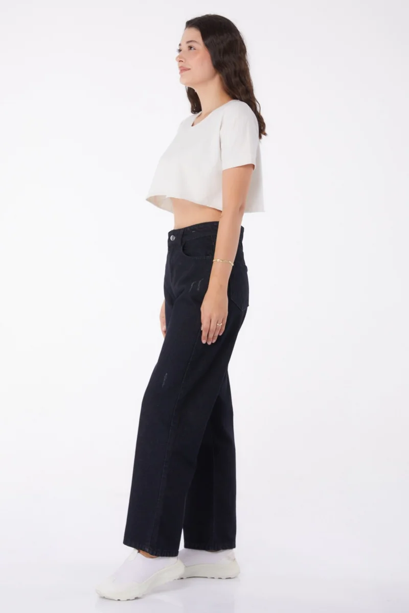 Tofisa Plain Mid Women's Black Wide Leg Jeans - 25181
