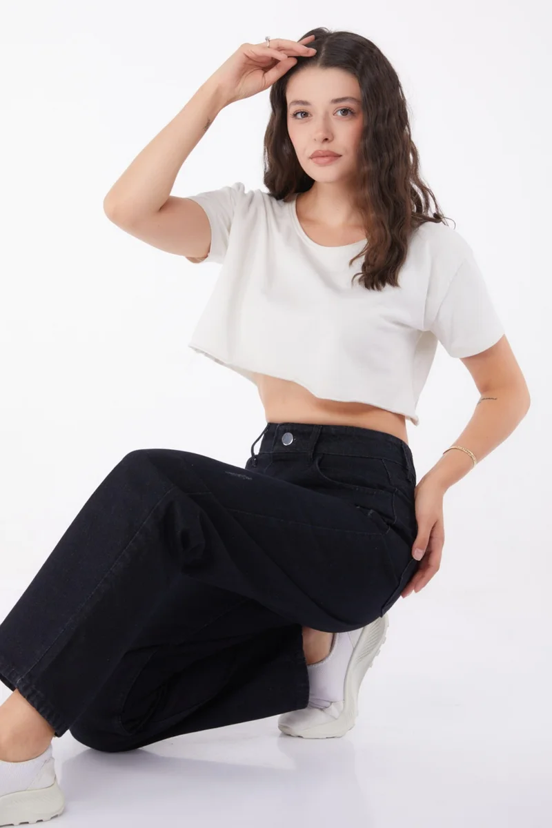 Tofisa Plain Mid Women's Black Wide Leg Jeans - 25181