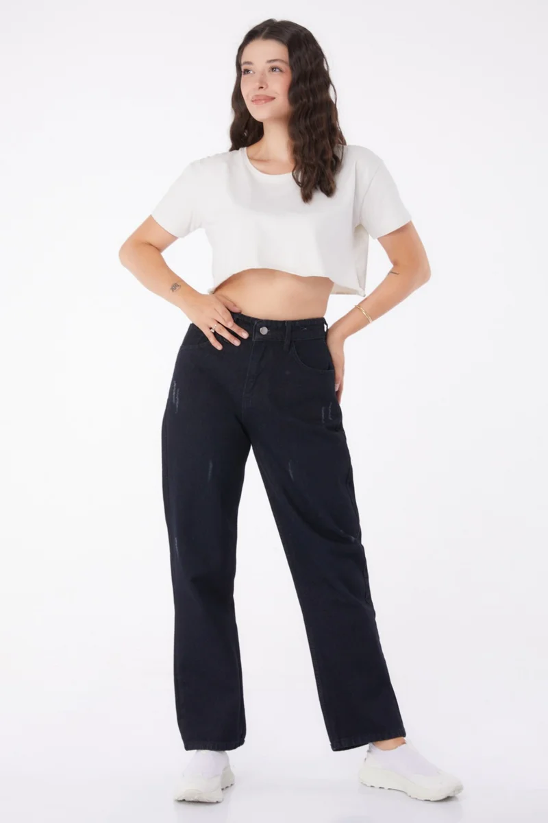 Tofisa Plain Mid Women's Black Wide Leg Jeans - 25181