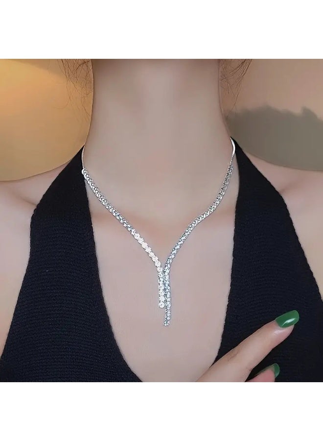 طقم مكون من 3 قطع من عقد وأقراط الزركون المتألقة – أقراط متدلية فضية للعروس مع قلادة وإكسسوارات فستان أنيقة للنساء - Image 5