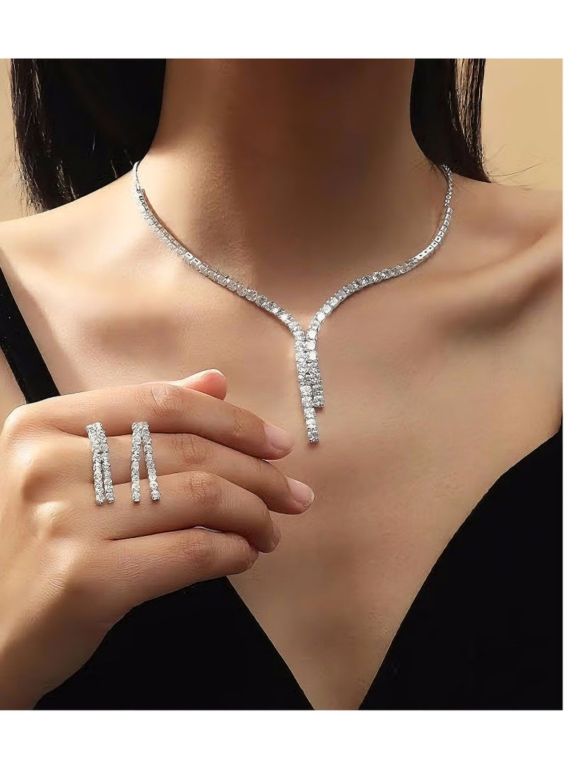 طقم مكون من 3 قطع من عقد وأقراط الزركون المتألقة – أقراط متدلية فضية للعروس مع قلادة وإكسسوارات فستان أنيقة للنساء - Image 1