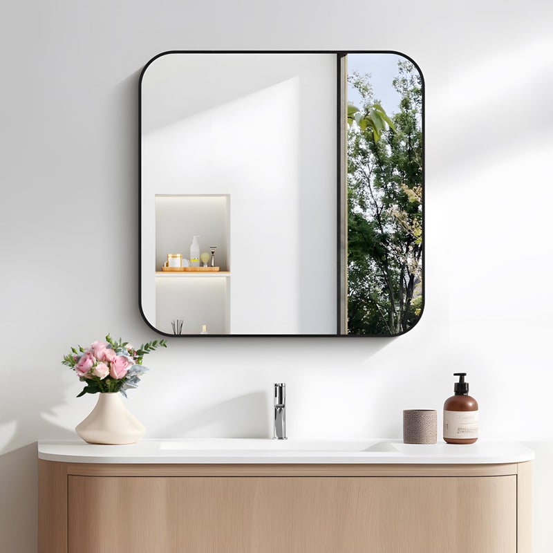 FORBATH Bathroom Mirror for Over Sink 24x24 Inch Black, Square Wall Mirror with Metal Frame, Rounded Corners for Bathroom, Bedroom, Entryway DÃ©cor - Image 1