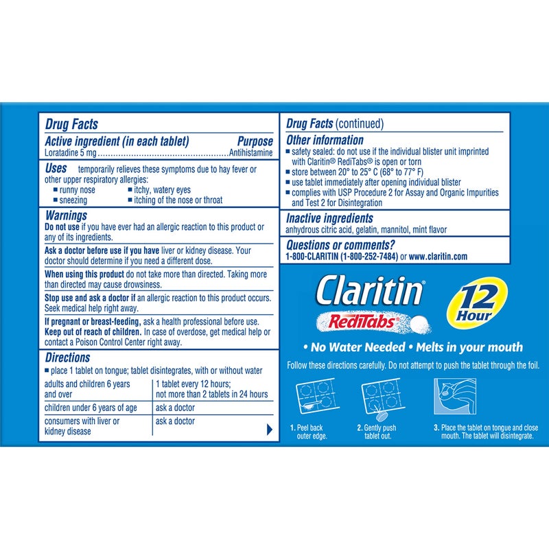 Claritin كلاريتين ريدي تابز 12 ساعة دواء للحساسية، غير مسبب للنعاس، قوة وصفة طبية لتخفيف الحساسية، أقراص لوراتادين، 30 حبة، عبوة من 2 - Image 2