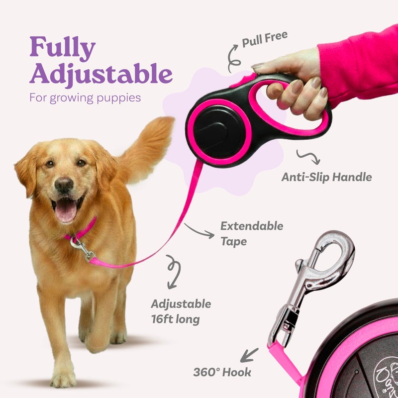 Daizzy Gear Retractable Dog Leash for Small, Medium & Large Dogs â€“ Heavy-Duty, Tangle-Free, Reflective, 16FT Long, Anti-Slip Soft Handle with One-Hand Brake - 44 LBS /16FT - Small - Pink - Image 2