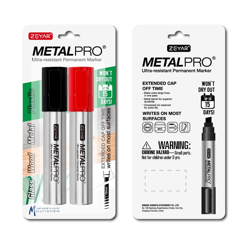 ZEYAR Permanent Markers Pen, JUMBO Size, Aluminum Barrel, Set of 2, Premium Waterproof & Smear Proof Markers, Quick Drying (Black & Red) - Image 3