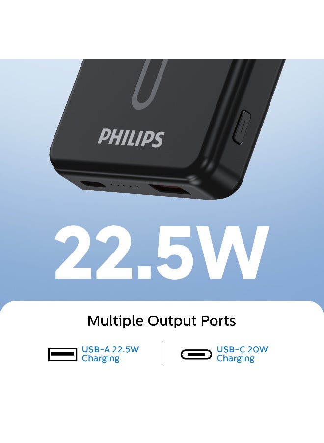 Philips 10000mAh Magnetic Wireless Power Bank - 15W MagSafe Compatible Fast Charging, 20W USB-C PD & 22.5W USB-A QC 3.0, Portable Battery Pack for iPhone 16/15/14/13, Samsung Galaxy, & Type-C Devices – Black - Image 3