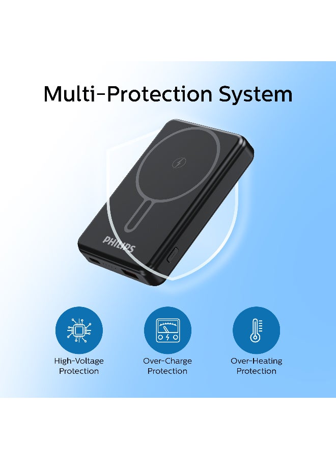 Philips 10000mAh Magnetic Wireless Power Bank - 15W MagSafe Compatible Fast Charging, 20W USB-C PD & 22.5W USB-A QC 3.0, Portable Battery Pack for iPhone 16/15/14/13, Samsung Galaxy, & Type-C Devices – Black - Image 4