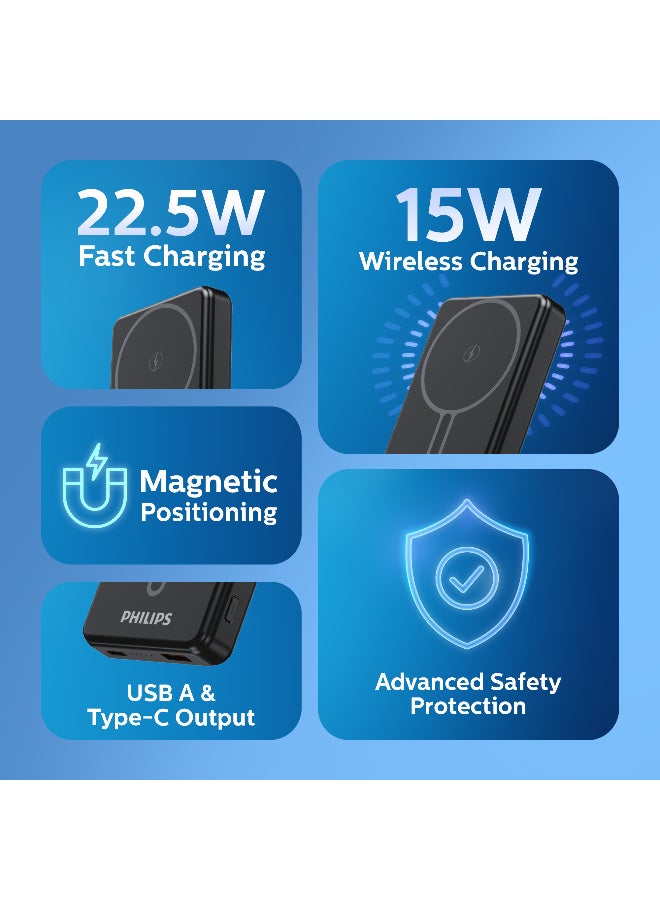 Philips 10000mAh Magnetic Wireless Power Bank - 15W MagSafe Compatible Fast Charging, 20W USB-C PD & 22.5W USB-A QC 3.0, Portable Battery Pack for iPhone 16/15/14/13, Samsung Galaxy, & Type-C Devices – Black - Image 2