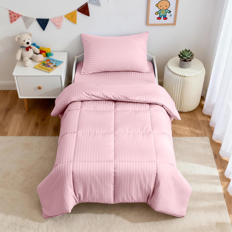 ZPECC Toddler Bedding Set - 4 Piece Hypoallergenic Baby Crib Bedding Set for Boys and Girls, Includes Toddler Comforter, Flat Sheet, Fitted Sheet and Pillowcase, Pink Stripe - Image 1