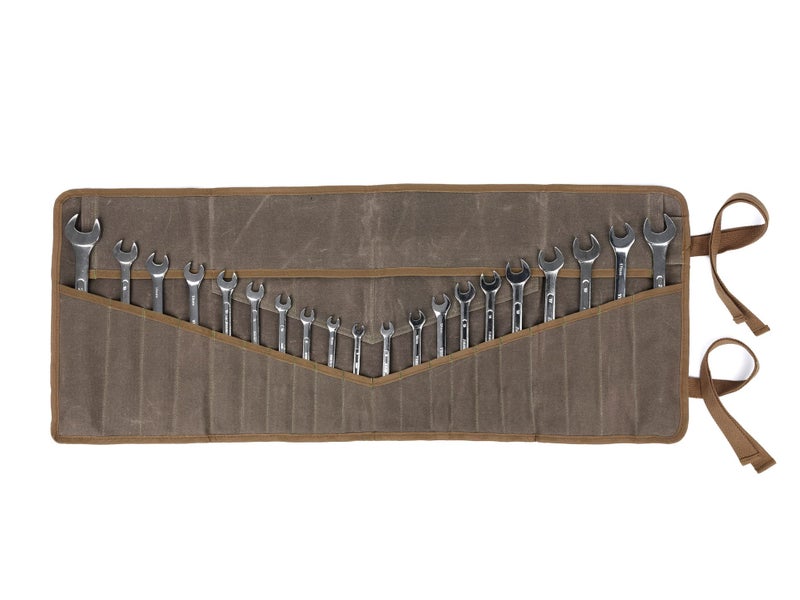 Denifiter Wrench Roll Up Pouch, Heavy Duty Waxed Canvas Tool Roll Bag Tool Organizer Bag With 20+4 Pockets (Brown) - Image 1