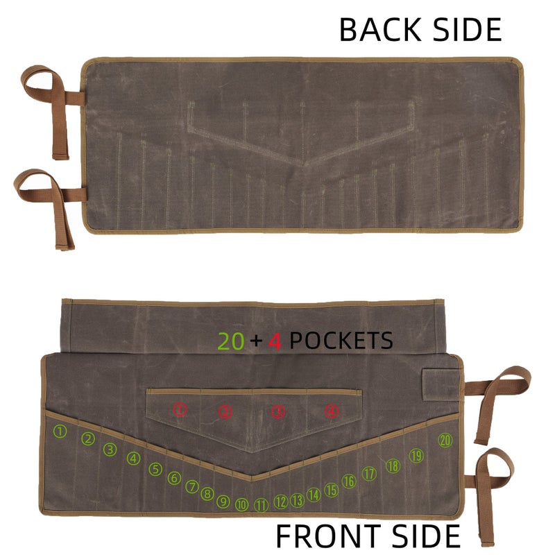 Denifiter Wrench Roll Up Pouch, Heavy Duty Waxed Canvas Tool Roll Bag Tool Organizer Bag With 20+4 Pockets (Brown) - Image 3