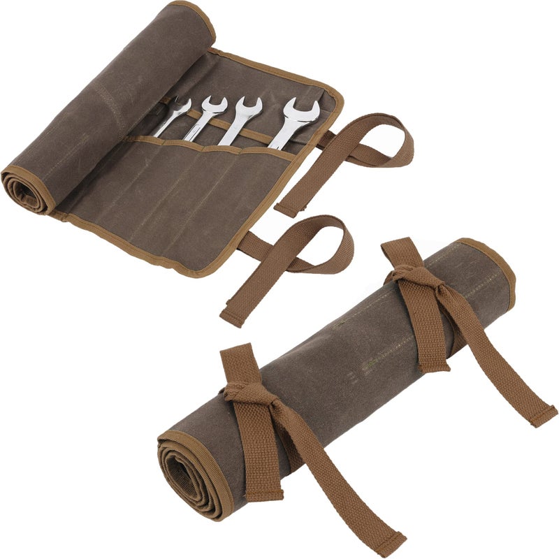 Denifiter Wrench Roll Up Pouch, Heavy Duty Waxed Canvas Tool Roll Bag Tool Organizer Bag With 20+4 Pockets (Brown) - Image 4