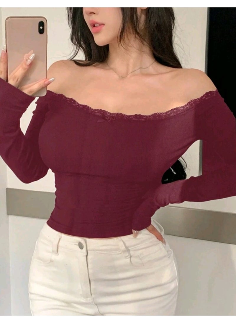DAZY Women Fitted Off-The-Shoulder Long Sleeve Solid Color Lace TOP - Image 2