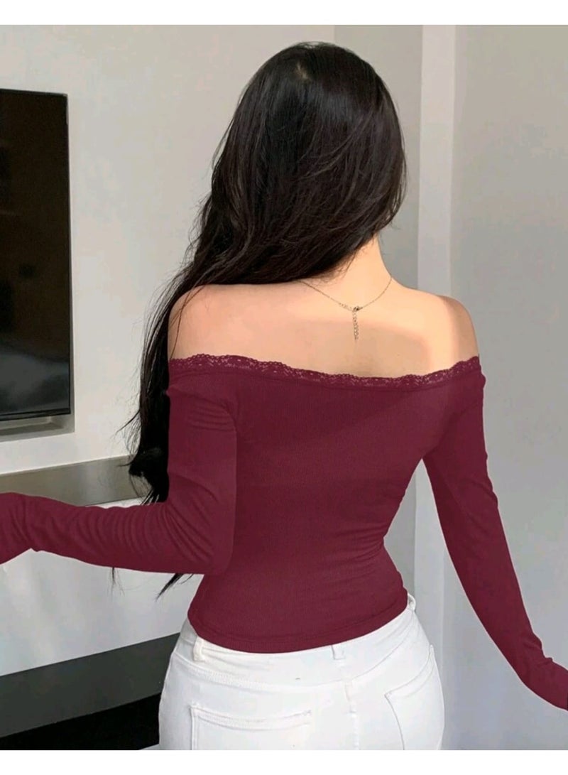 DAZY Women Fitted Off-The-Shoulder Long Sleeve Solid Color Lace TOP - Image 3