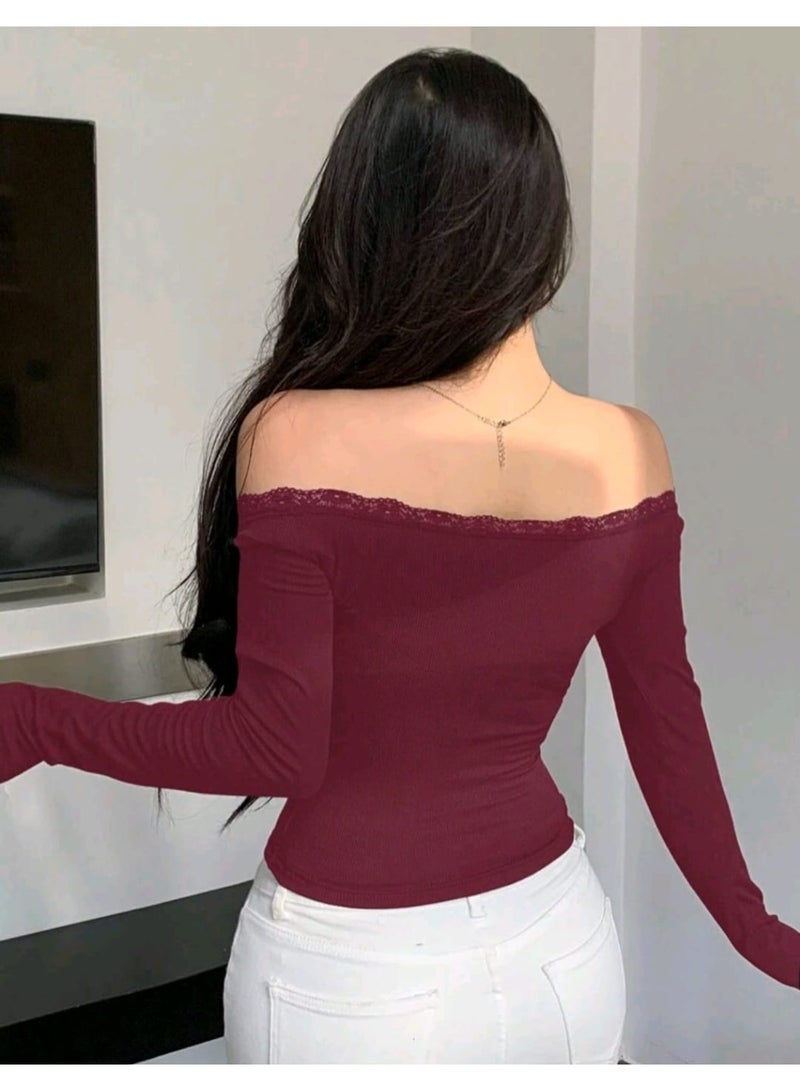 DAZY Women Fitted Off-The-Shoulder Long Sleeve Solid Color Lace TOP - Image 5