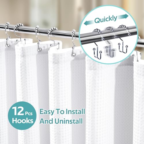 Vipfree 3 in 1 Shower Curtain Set, Waffle Shower Curtain and Liner Set with 12 Double Sided Shower Curtain Hooks, 258GSM Luxury Weighted Cloth Shower Curtains for Bathroom, 72 W x 84 H, White - Image 2