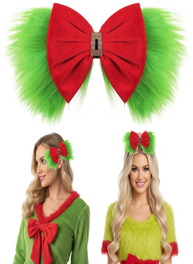 Canlierr Large 9" Red & Green Furry Hair Bow Clip Christmas Hair Clip for Women Festive Holiday Costume Accessory Party Gift Prop Decorations - Image 1
