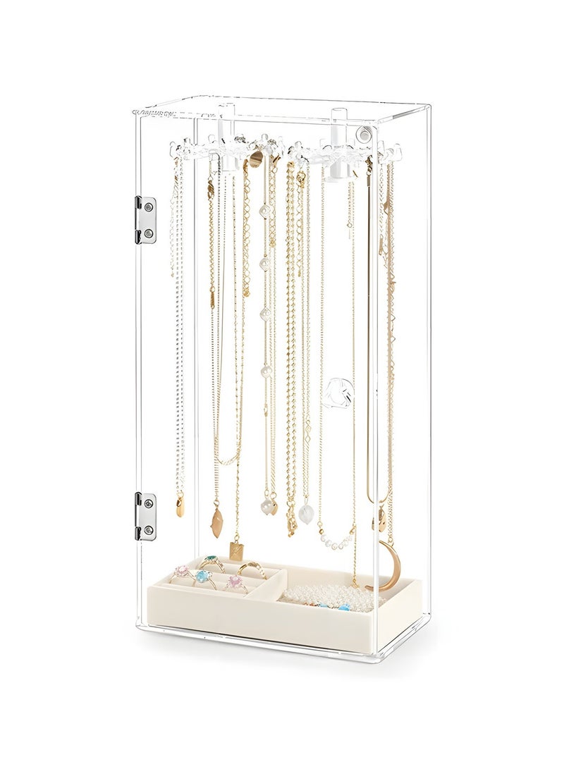 بيوينتي حامل عقد، منظم مجوهرات أكريليكي مع 24 خطافًا، منظم دوراني لعرض العقود والأساور وصواني المجوهرات ورف تعليق لتخزين الأقراط والخواتم. - Image 1